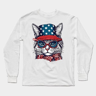 Patriotic Cat, 4th of July Cat Design Long Sleeve T-Shirt